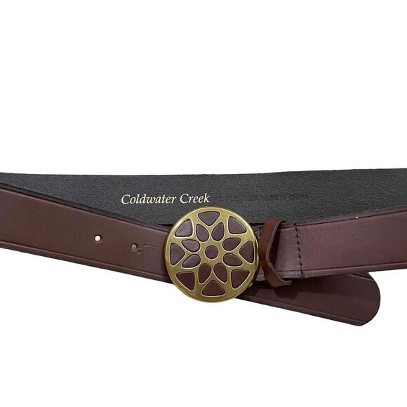 Coldwater Creek leather belt round brass tooled buckle Size L brown boho western